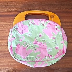 Lily Pulitzer Bermuda Bag Vintage pink green elephant print wooden handles purse